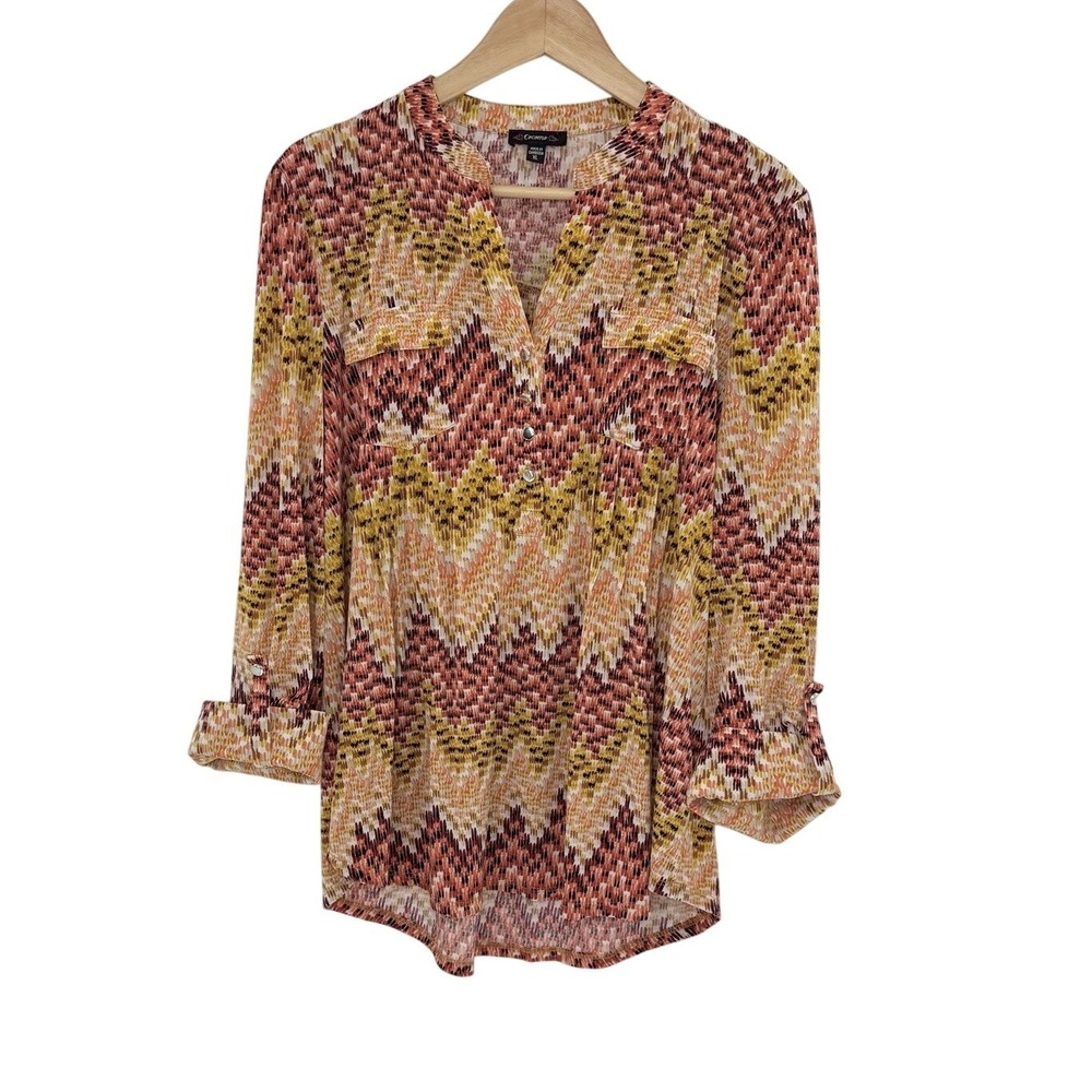 Cocomo Geometric Print Roll Tab Button Blouse‎ XL Liquid Knit Boho Office Career